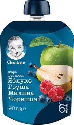 Пюре Gerber Яблуко, груша, малина та чорниця для дітей від 6-ти місяців 90 г (7613036345484) VZВ00099521NF фото