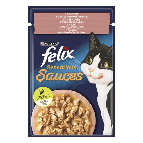 Влажный корм Felix Sauces Sensations для кошек с лососем в соусе со вкусом креветок 85г ( 7613039836026) VZ000071579F фото