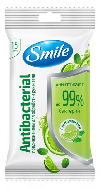 Влажные салфетки Smile Antibacterial Лайм и мята с витаминами 15 шт. (4820048481953) VZВ00146421NF фото