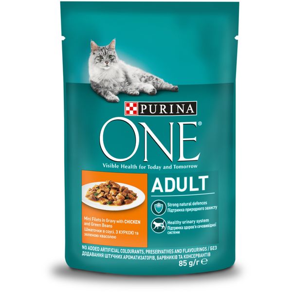 Влажный корм Purina One Adult для кошек с курицей и зеленой фасолью 85 г.(7613038255743) VZ000076133F фото