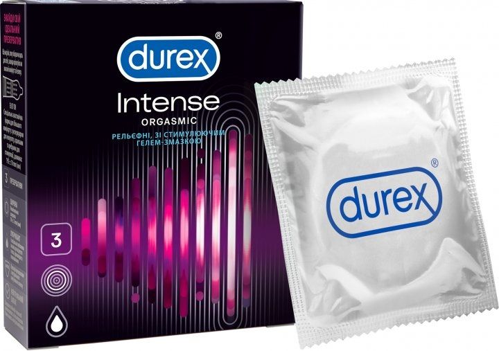 Презервативы латексные с силиконовой смазкой Durex Intense Orgasmic (рельефные со стимулирующим гелем-смазкой) 3 шт. (5052197056068) VZВ00141715NF фото