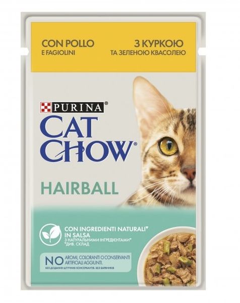 Влажный корм Purina Cat Chow Hairball для кошек, нежные кусочки с курицей и зеленой фасолью 85 гр( 7613037031393) VZ000070607F фото