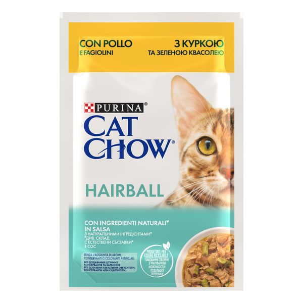 Влажный корм Purina Cat Chow Hairball для кошек, нежные кусочки с курицей и зеленой фасолью 85 гр( 7613037031393) VZ000070607F фото