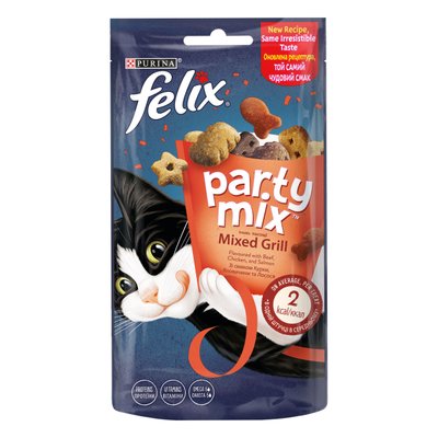 Лакомство для кошек Purina Felix Party Mix Гриль Микс со вкусом курицы, говядины и лосося 60г. (7613287631404) VZ000074517F фото