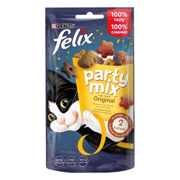 Лакомство Purina Felix Party Mix Original Mix для кошек, микс со вкусом курицы, печени и индейки, 60 г(7613287631459) VZ000074518F фото