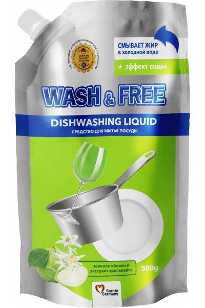 Средство для мытья посуды Wash&Free с зеленым яблоком и экстрактом эдельвейса дой-пак 500 г (4260637724656) VZВ00299492NF фото