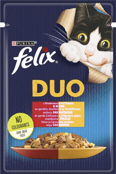 Влажный корм для кошек Felix Fantastic Duo с говядиной и птицей кусочки в желе 85 г (7613287027597) VZ000071581F фото