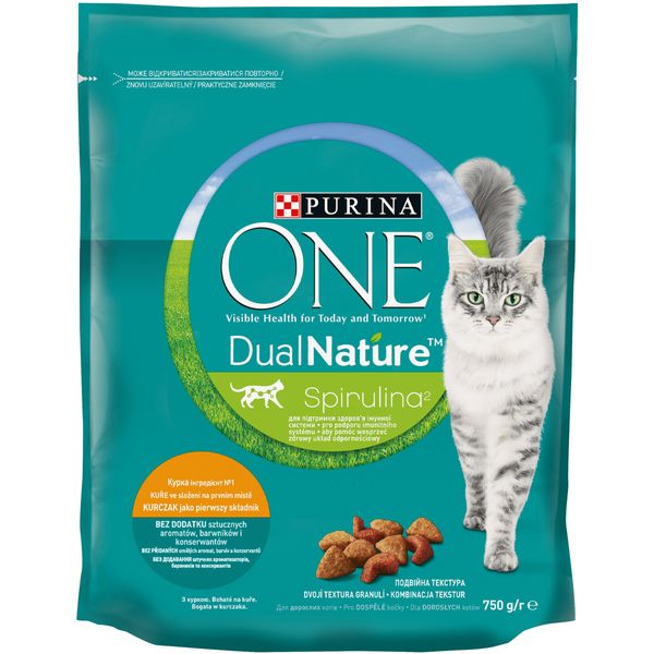 Сухой корм с курицей и спирулиной для кошек Purina ONE DualNature Spirulina 750 г (7613036257633) VZ000029919F фото