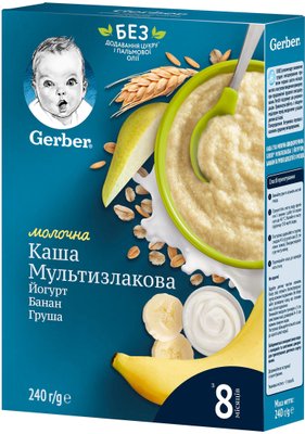 Детская молочная каша Gerber быстрорастворимая Мультизлак.с йогуртом, бананом, грушей для детей с 8 мес. 240г (7613039834244) VZВ00310426NF фото