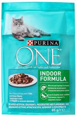 Вологий корм Purina One Indoor Formula для котів, тунець і зелена квасоля в соусі 85г.(7613038255903) VZ000074410F фото