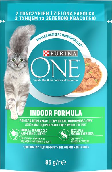 Влажный корм Purina One Indoor Formula для кошек, тунец и зеленая фасоль в соусе 85г.(7613038255903) VZ000074410F фото