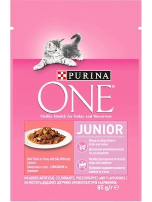 Вологий корм Purina One Junior для кошенят з лососем та морквою 85 г.(7613038224466) VZ000074411F фото