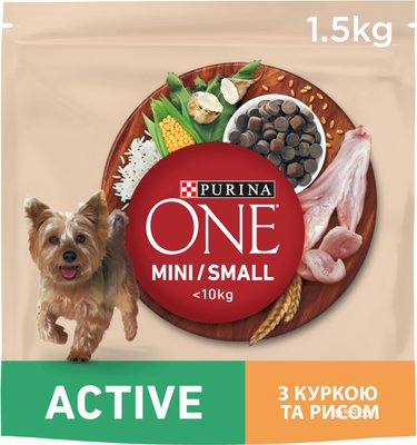 Сухий корм PURINA ONE Mini/Small Active для дорослих собак дрібних порід, з куркою та рисом 1.5 кг (8445290348265) VZ000076432F фото