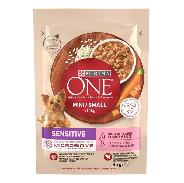 Корм консервированный Purina One Mini/Small Sensitive для взрослых собак до 10кг с рисом и морковью лососем 85 г (8445290332530) VZ000077851F фото